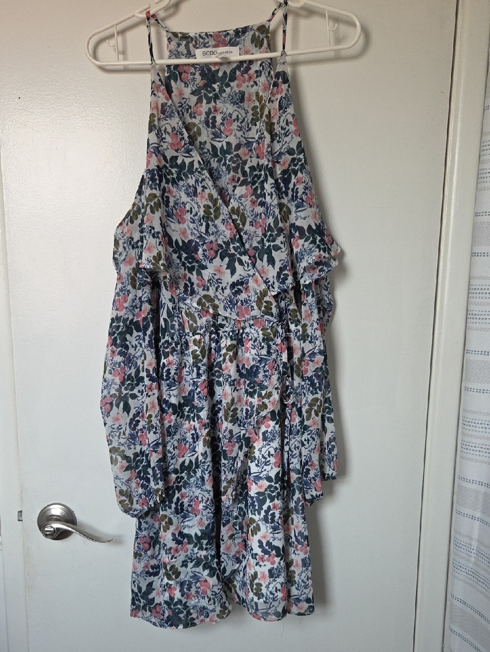 BCBGeneration White Floral Halter Dress with Pink and Green Blooms